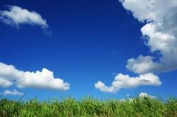 A blue sky and some green grass on a bright and sunny day.