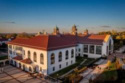 Aerial view of Cole Hall at sunset